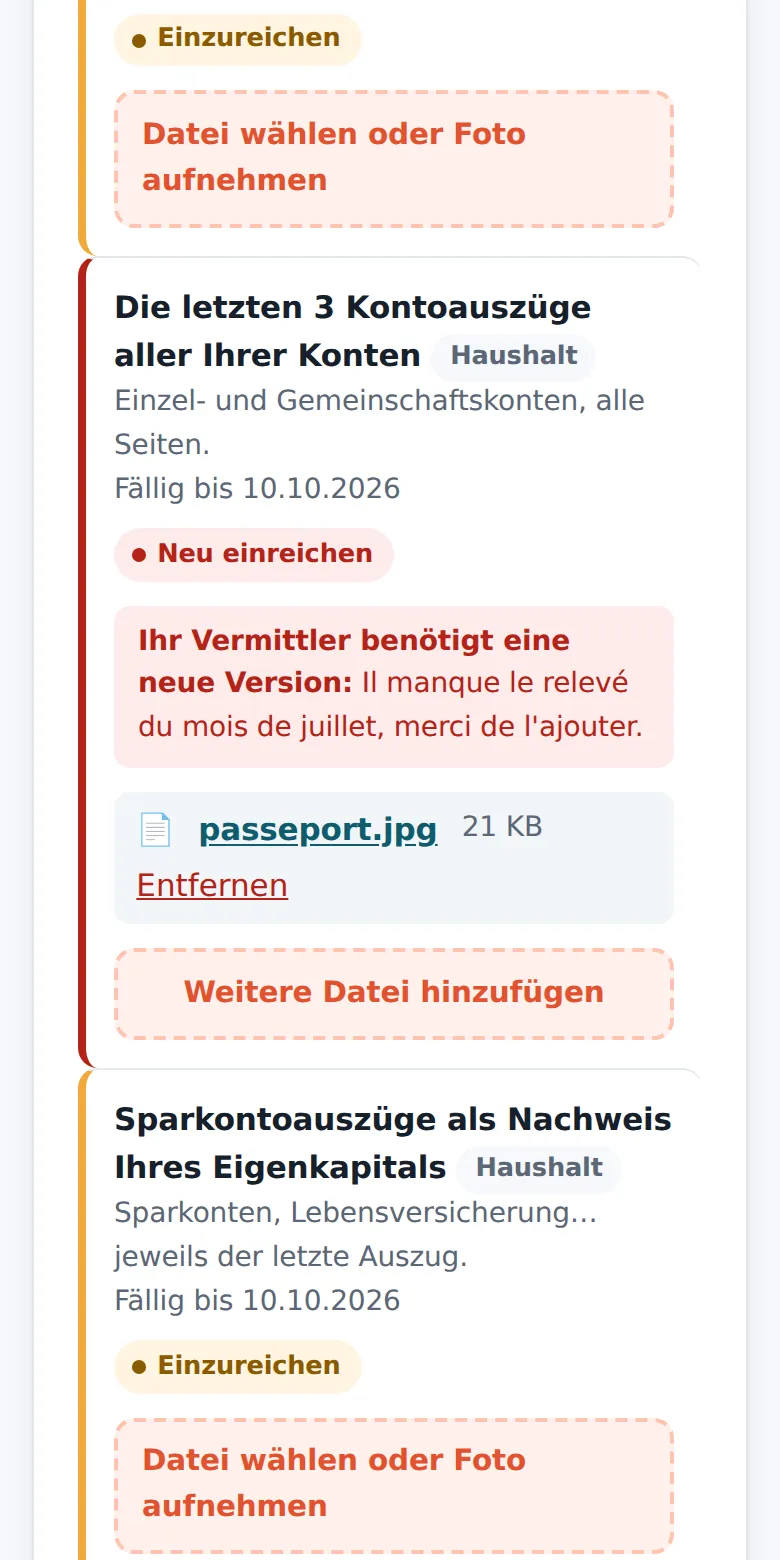 Einzureichende Unterlagen, auf dem Smartphone.