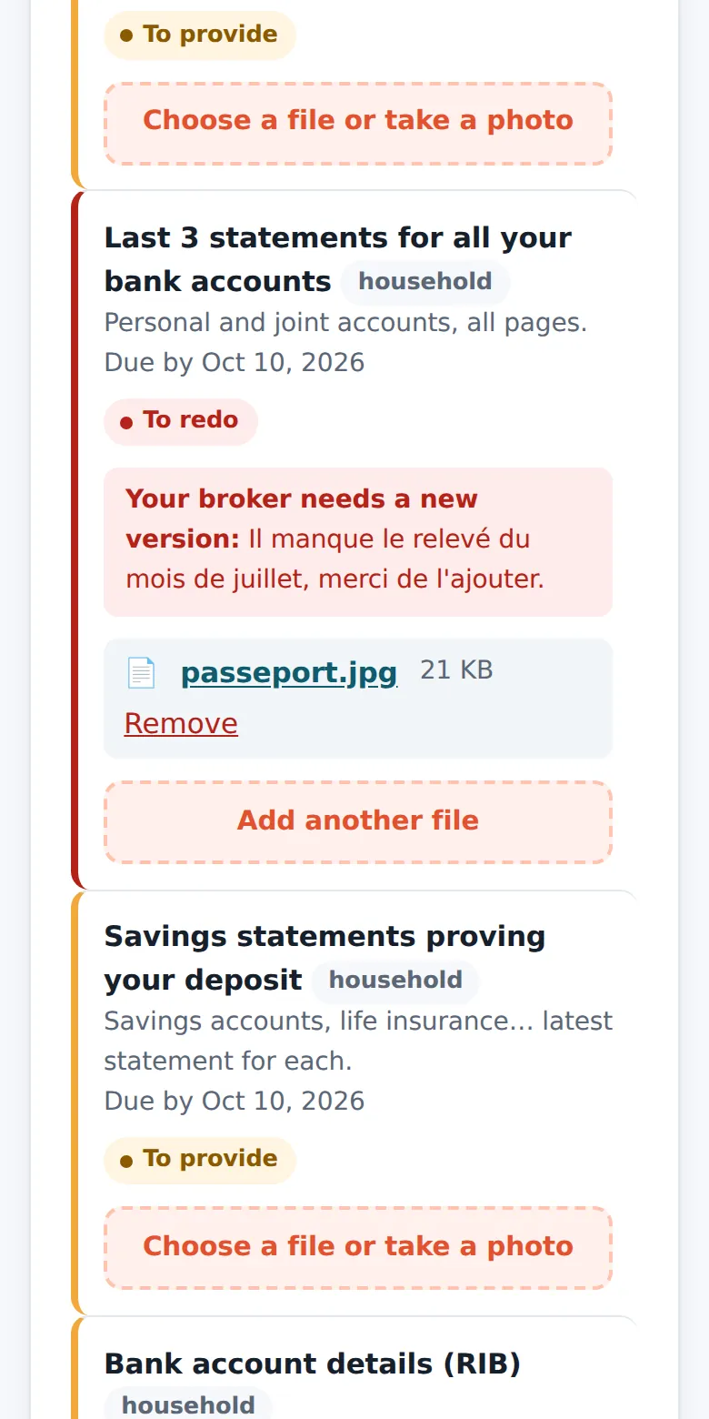Documents to provide, on a phone.