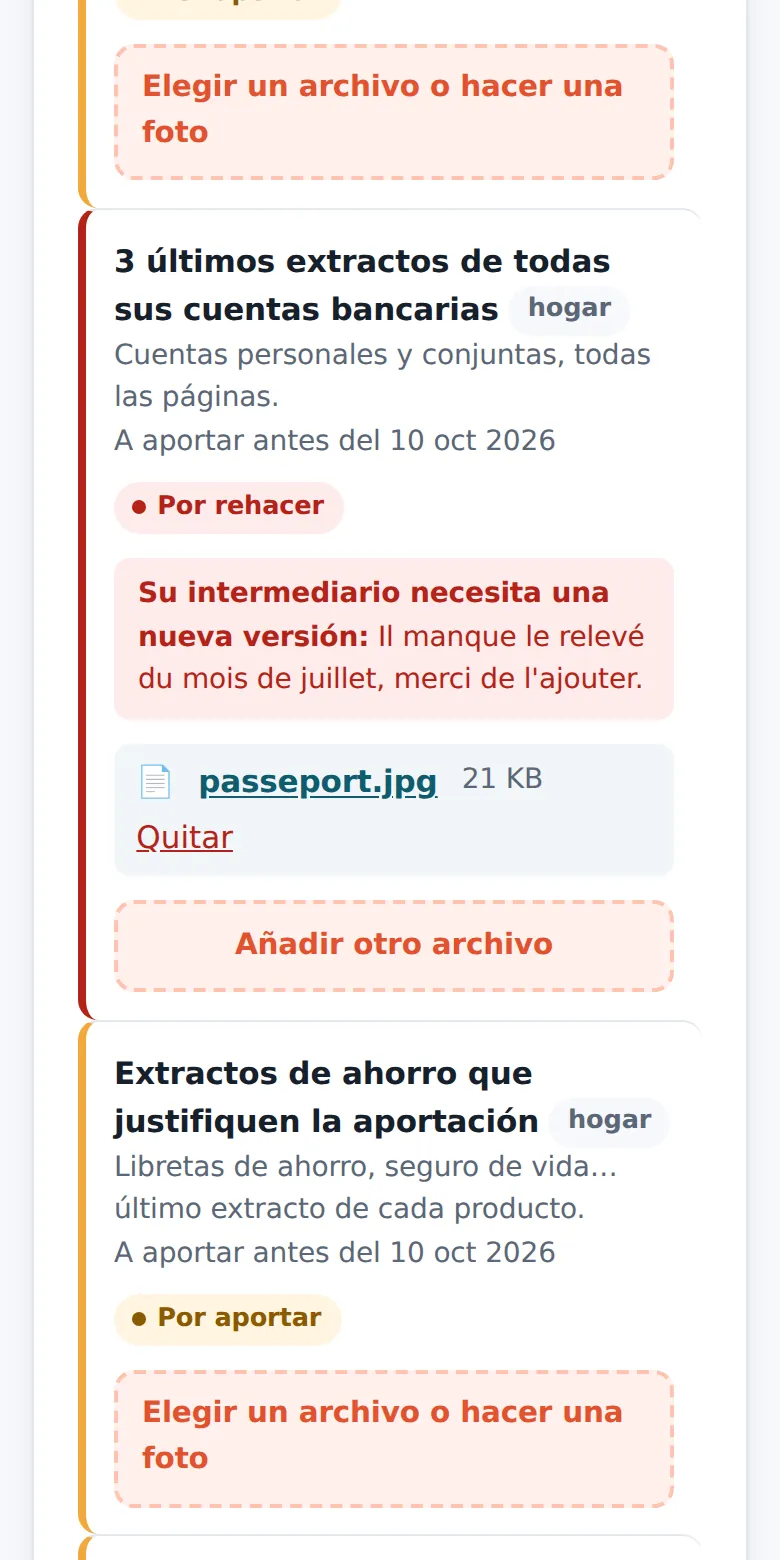 Documentos por aportar, en el móvil.