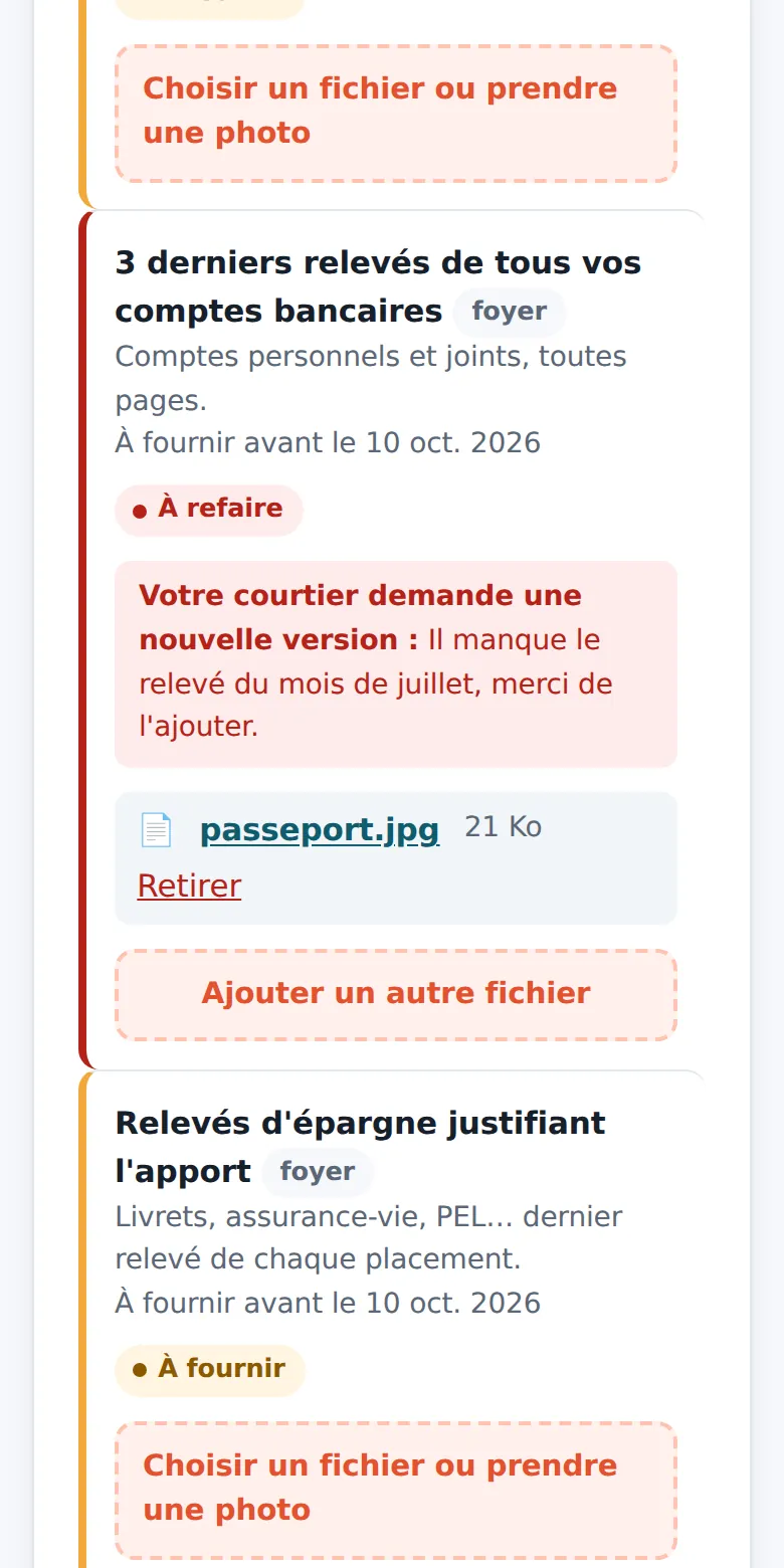Les pièces à fournir, sur téléphone.