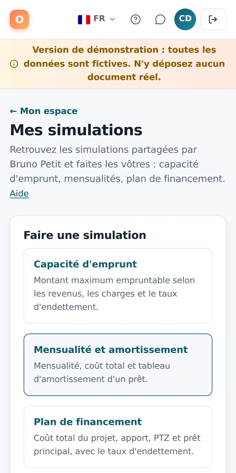 Mes simulations, sur téléphone.
