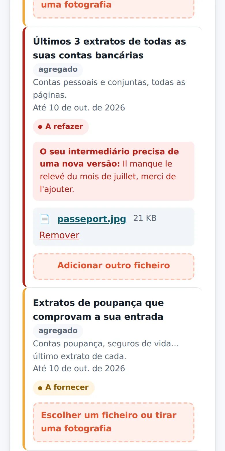 Documentos a fornecer, no telemóvel.